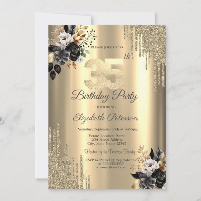 Gold Glitter Drips Black Roses 35th Birthday  Invitation (Front)