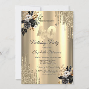 Gold Glitter Drips Black Roses 40th Birthday Invitation