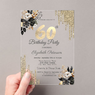 Gold Glitter Drips Black Roses 60th Birthday  Acrylic Invitations