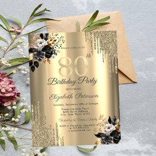 Gold Glitter Drips Black Roses 80th Birthday Invitation