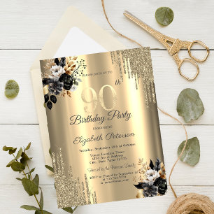 Gold Glitter Drips Black Roses 90th Birthday Invitation