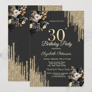 Gold Glitter Drips Black Roses Dark 30th Birthday  Invitation