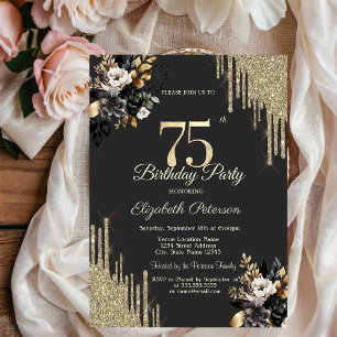 Gold Glitter Drips Black Roses Dark 75th Birthday Invitation