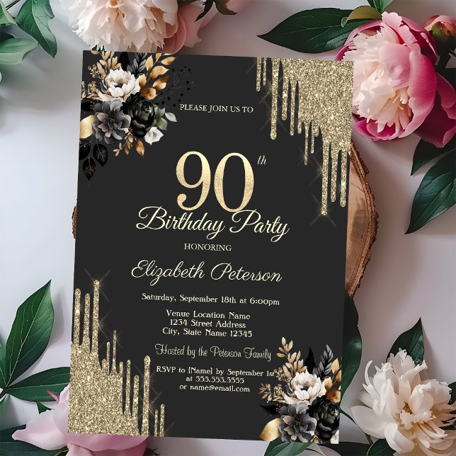 Gold Glitter Drips Black Roses Dark 90th Birthday Invitation (Creator Uploaded)