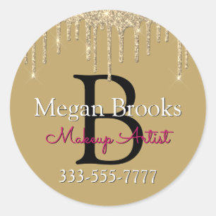 Gold Glitter Drips DIY Name Monogram Business Blck Classic Round Sticker