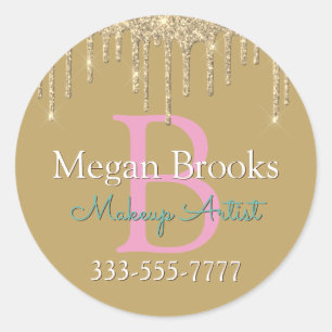 Gold Glitter Drips DIY Name Monogram Business Pink Classic Round Sticker