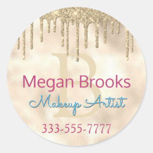 Gold Glitter Drips, DIY Name, Monogram Title Blue Classic Round Sticker