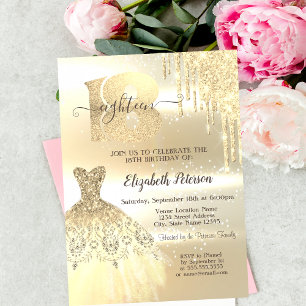 Gold Glitter Drips,Dress 18th Birthday Party Invitation