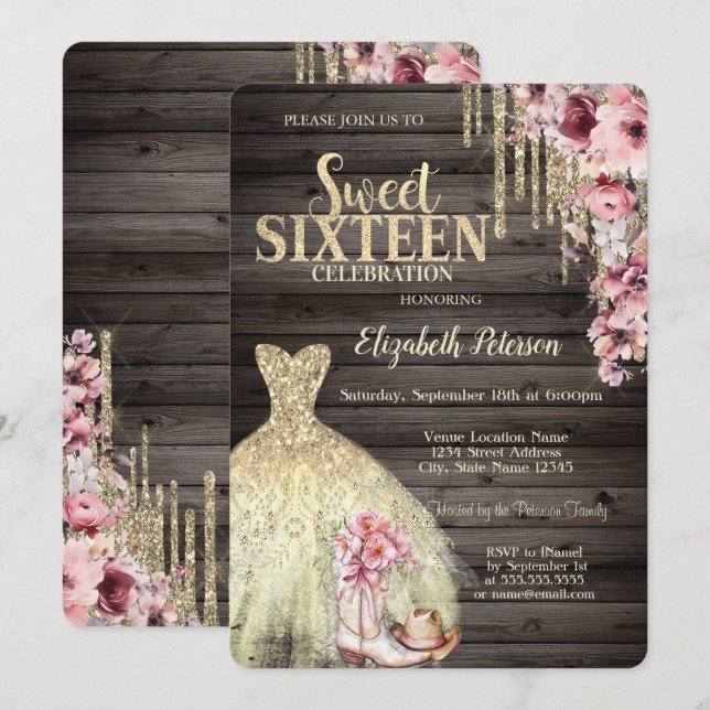 Gold Glitter Drips,Dress Boots Hat Wood Sweet 16  Invitation (Front/Back)