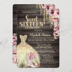 Gold Glitter Drips,Dress Boots Hat Wood Sweet 16  Invitation
