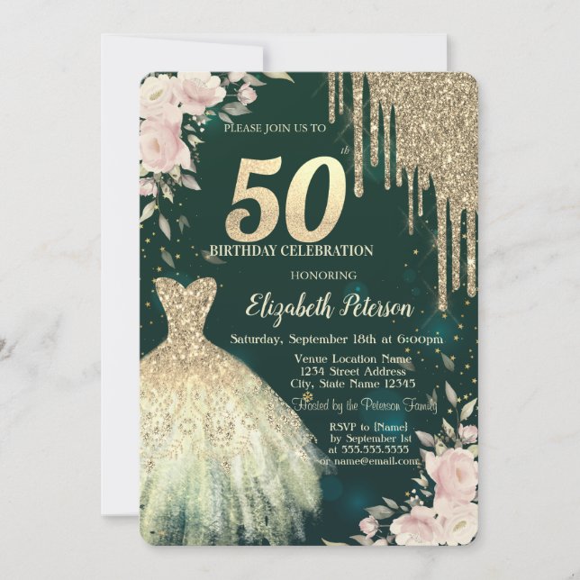 Gold Glitter Drips,Dress,Floral Green50th Birthday Invitation (Front)