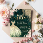 Gold Glitter Drips,Dress,Floral Green Sweet 16 Invitation<br><div class="desc">Elegant gold dress,  flowers,  and gold glitter drips on a green background.</div>