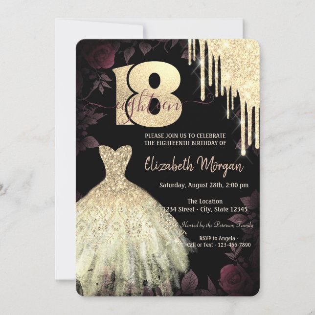  Gold Glitter Drips Dress Gothic 18th Birthday Invitation (Front)