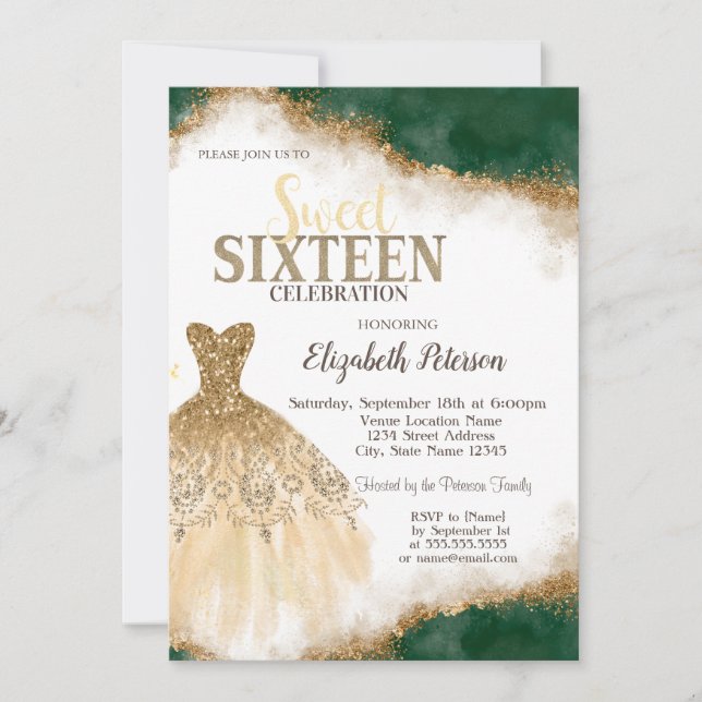 Gold Glitter Drips,Dress Green Glitter Sweet 16  Invitation (Front)
