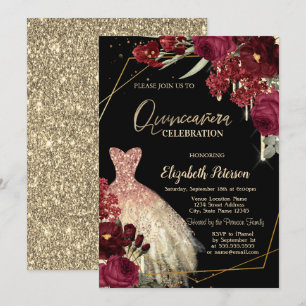 Gold Glitter Drips,Dress Red Roses Quinceañera Invitation