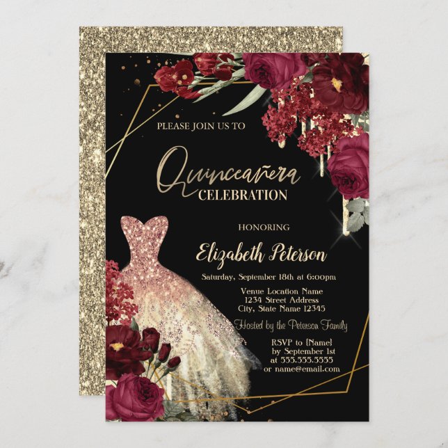 Gold Glitter Drips,Dress Red Roses Quinceañera Invitation (Front/Back)