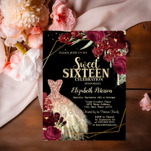 Gold Glitter Drips,Dress Red Roses Sweet 16 Invitation