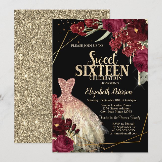 Gold Glitter Drips,Dress Red Roses Sweet 16 Invitation (Front/Back)