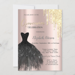 Gold Glitter Drips,Dress Rose Gold 15th Birthday Invitation