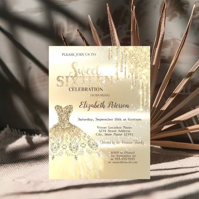 Gold Glitter Drips,Dress Sweet 16 Invitation (Creator Uploaded)