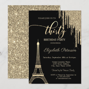 Gold Glitter Drips, Eiffel Tower 30th Birthday Invitation