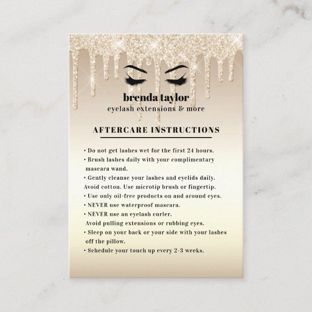 Gold Glitter Drips Eyelash Aftercare Instructions  Business Card (Front)