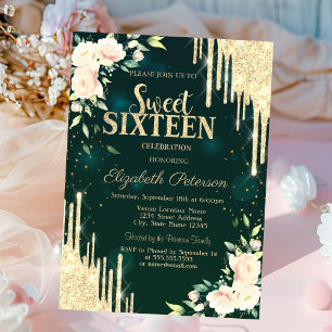 Gold Glitter Drips Floral Green Invitation