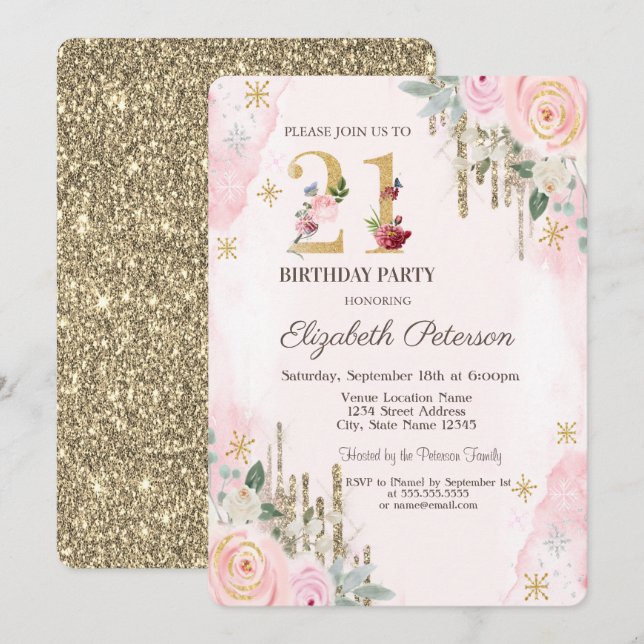  Gold Glitter Drips Flower Pink 21st Birthday  Invitation (Front/Back)