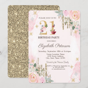 Gold Glitter Drips Flower Pink 21st Birthday  Invitation