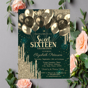  Gold Glitter Drips Gold Balloons Sweet 16 Invitation