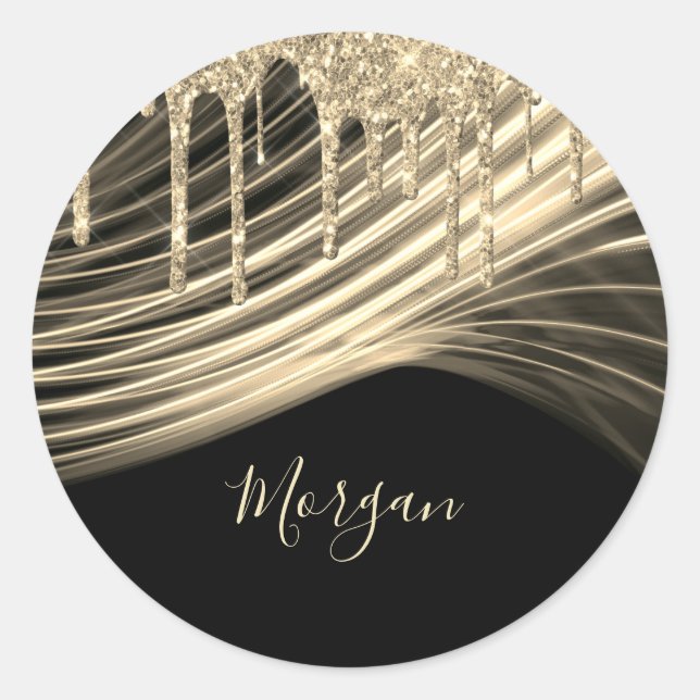 Gold Glitter Drips Gold Light Rays Gold Name Black Classic Round Sticker (Front)