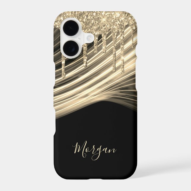 Gold Glitter Drips, Gold Light Rays, Gold Name iPhone Case (Back)