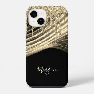 Gold Glitter Drips, Gold Light Rays, Gold Name iPhone 14 Case