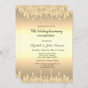 Gold Glitter Drips Gold Wedding Anniversary Invitation