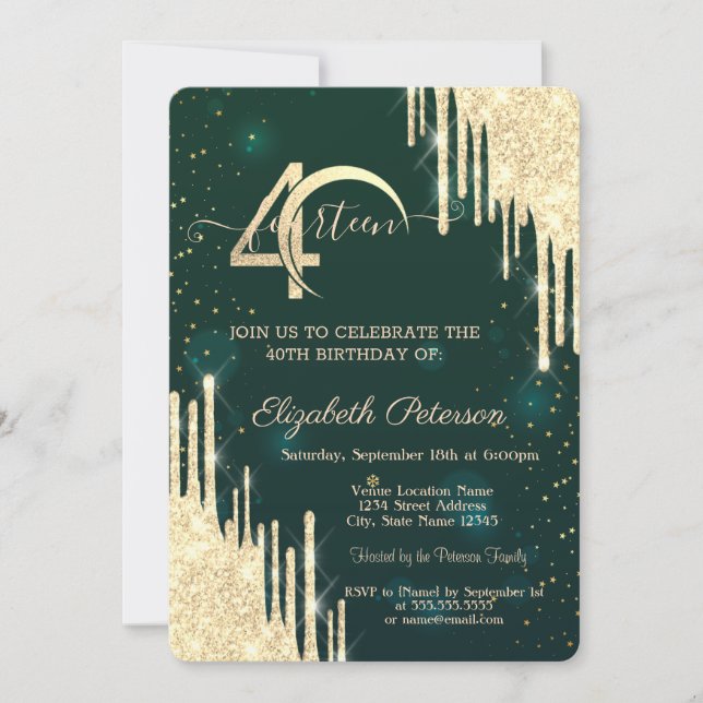  Gold Glitter Drips Green 40th Birthday Invitation (Front)