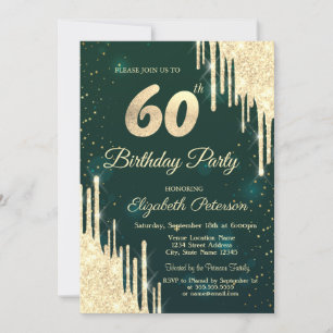 Gold Glitter Drips Green 60th Birthday  Invitation