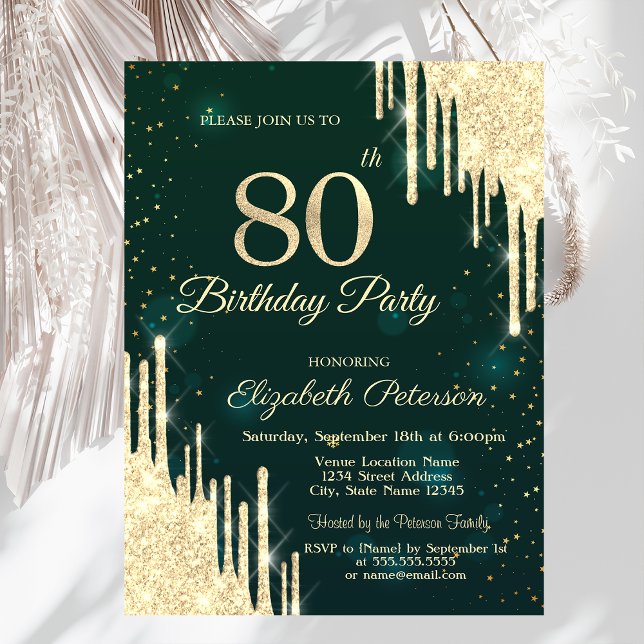 Gold Glitter Drips Green 80th Birthday  Invitation (Creator Uploaded)
