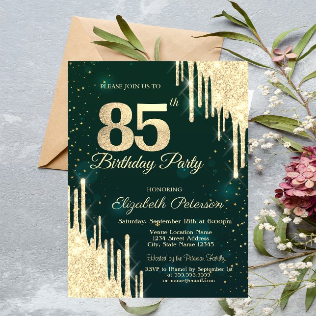Gold Glitter Drips Green 85th Birthday  Invitation (Creator Uploaded)