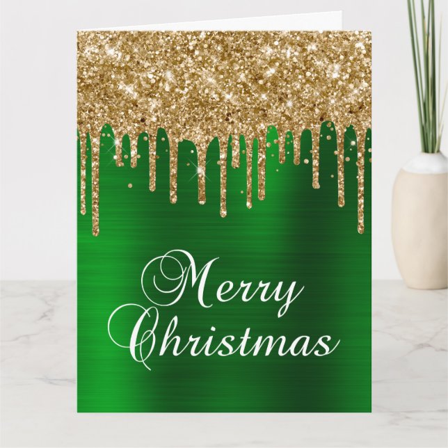 Gold Glitter Drips Green Foil Merry Christmas Card (Front)