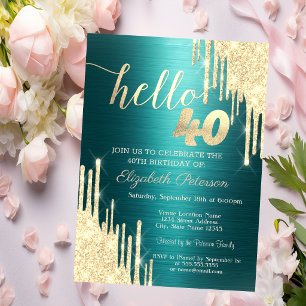 Gold Glitter Drips Green Metallic 40th Birthday Invitation