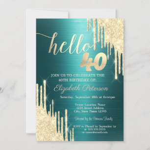 Gold Glitter Drips Green Metallic 40th Birthday Invitation