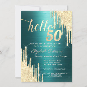 Gold Glitter Drips Green Metallic 50th Birthday Invitation