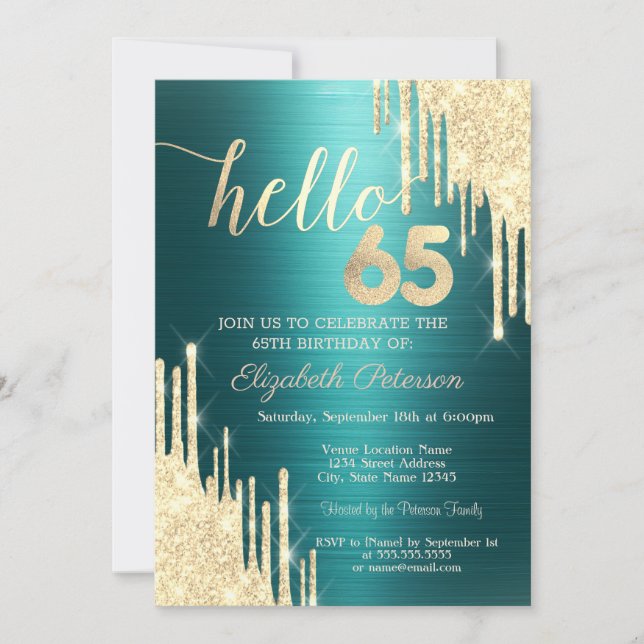 Gold Glitter Drips Green Metallic 65th Birthday Invitation (Front)