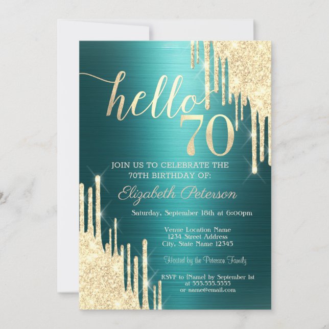 Gold Glitter Drips Green Metallic 70th Birthday Invitation (Front)