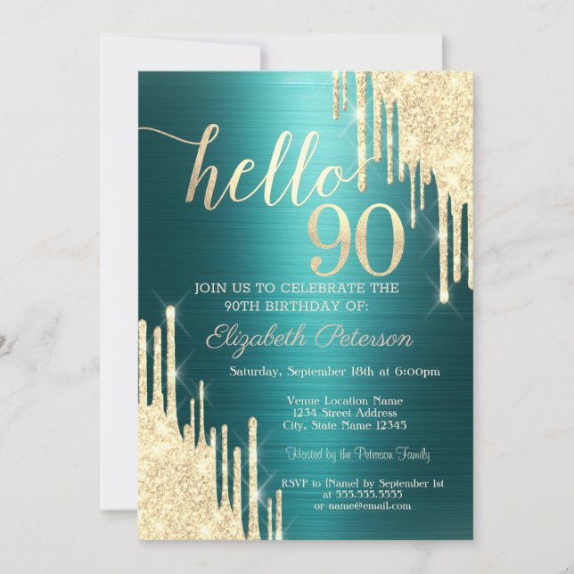 Gold Glitter Drips Green Metallic 90th Birthday Invitation (Front)