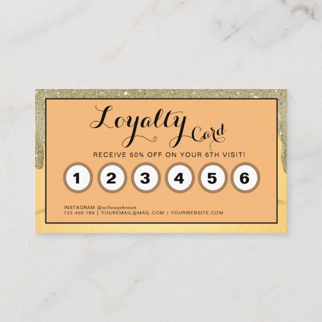 Gold Glitter Drips Hair Beauty Salon Loyaly Card (Back)