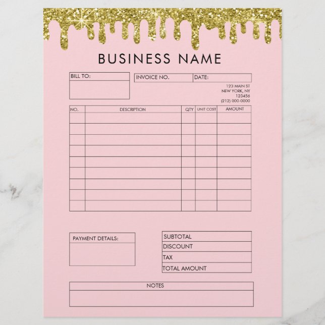 Gold Glitter Drips Invoice Small Business Letterhe Custom Letterhead (Front)