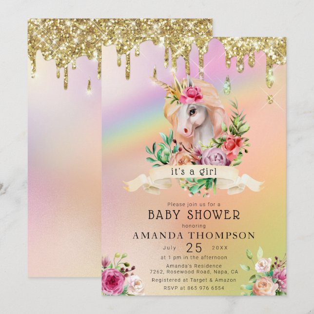 Gold Glitter Drips Its a Girl Unicorn Baby Shower Invitation (Front/Back)