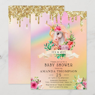 Gold Glitter Drips Its a Girl Unicorn Baby Shower Invitation