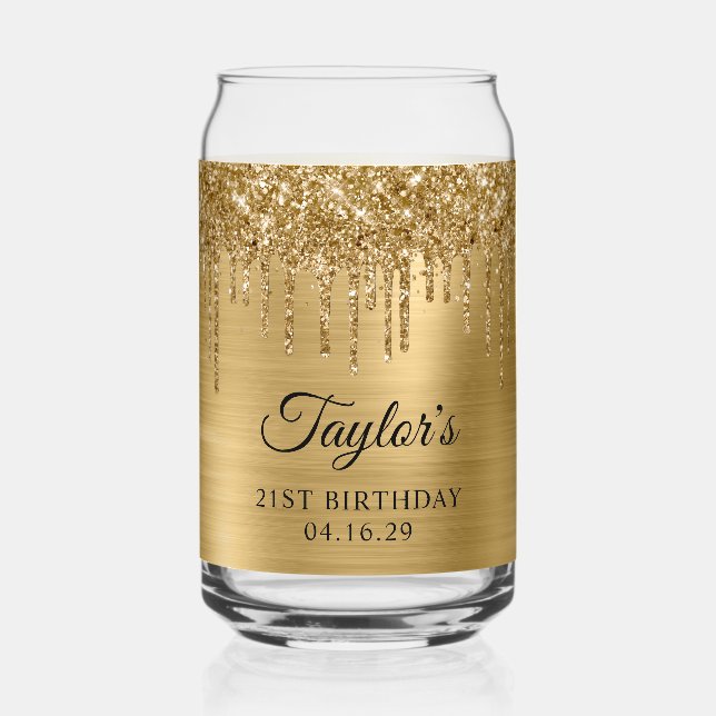 Gold Glitter Drips Metallic 21st Birthday Can Glass (Front)